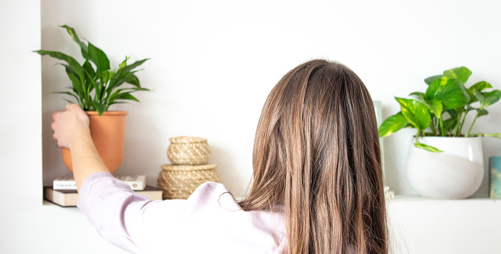young woman setting up plants on bookshelf